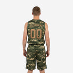 Opposite side view of custom green basketball uniform displaying digital camo pattern continuity across jersey and basketball shorts
