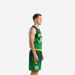 Side view of custom green basketball uniform showing neon comet streak down shorts leg panel and armhole binding detail
