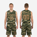 Size and specification sheet for custom green basketball uniform set showing youth and adult sizing options for jersey and shorts