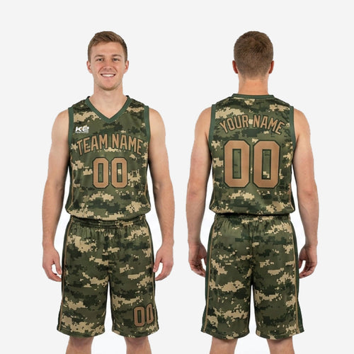 Size and specification sheet for custom green basketball uniform set showing youth and adult sizing options for jersey and shorts