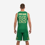 Custom bball uniforms detail showing Kelly Green jersey with gold arched lettering and shamrock fill pattern