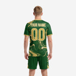 Back detail of custom green soccer jersey with Athletic Gold marble print, player name and number sublimated