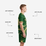 Custom Forest Green soccer shorts with Athletic Gold marble print and player number on leg