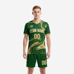 Custom green soccer uniforms with Athletic Gold marble print, front view, Forest Green jersey and matching shorts