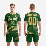 Complete custom green soccer uniform set, Forest Green and Athletic Gold full-dye sublimated kit, jersey and shorts
