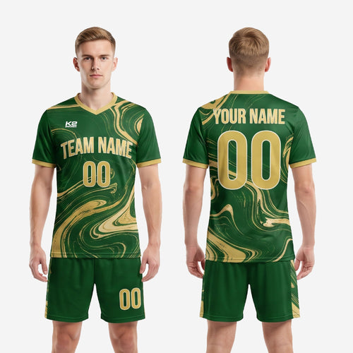 Complete custom green soccer uniform set, Forest Green and Athletic Gold full-dye sublimated kit, jersey and shorts