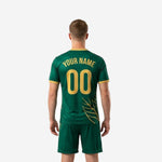 Custom green and gold soccer uniform detail showing team name and number placement on 100 percent polyester kit