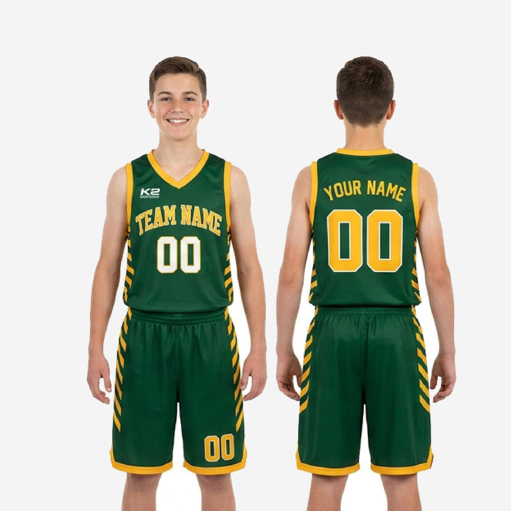 Custom Green and Gold Youth Basketball Uniforms - Jersey and Shorts