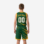 Back view of custom green and gold youth basketball uniform set with player name and number placement on jersey and shorts