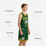 Close detail of diagonal gold slash sublimation pattern and gold V-notch hem trim on green youth basketball uniform shorts