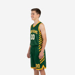 Custom green and gold youth basketball uniform set front view with gold arced team name and white number 00 on forest green jersey and matching shorts