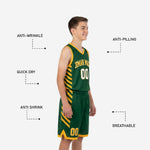 Opposite side view of green and gold youth basketball uniform set showing matching diagonal gold stripe pattern on both jersey and shorts side panels