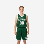 Size and spec sheet for custom green and gold youth basketball uniforms showing youth size range measurements for jersey and shorts set