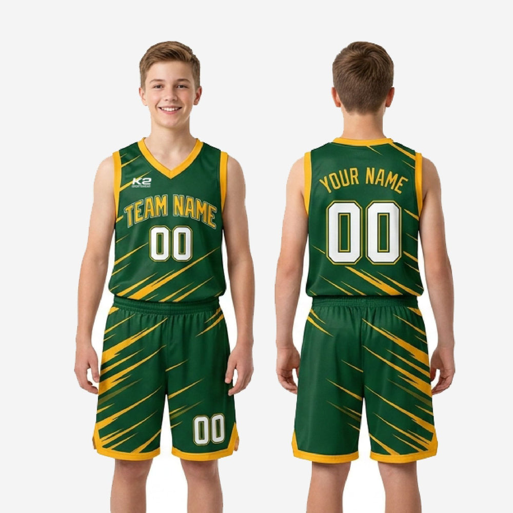 Full Print Custom Green and Gold Youth Basketball Uniforms