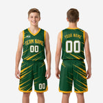 Size and specification sheet for custom green and gold youth basketball uniforms showing available youth sizing range
