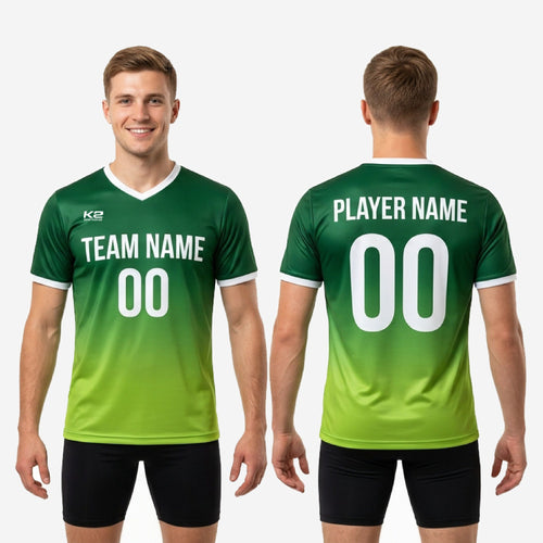 Sleeve cuff detail on custom green soccer training jersey showing white contrast trim and gradient fade