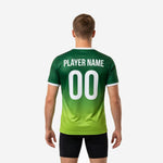 Back view of custom green soccer training jersey with player name and number print zones in white
