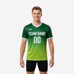 Custom green soccer training jersey with Forest Green to Lime Green gradient and white V-neck collar, mens front view