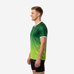 Custom green gradient soccer training jersey right side profile showing white sleeve cuff trim detail