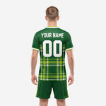 K2 Sportswear custom green plaid soccer jersey and matching shorts detail view