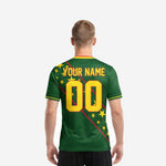 Custom Forest Green soccer jersey back view displaying player name and number print zones in Athletic Gold