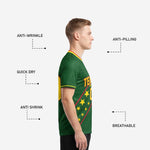 Custom green soccer jersey crew neckline detail showing triple-stripe collar band in Athletic Gold and Crimson