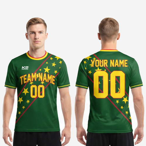 Custom full-sublimation green soccer jersey flat lay showing Forest Green, Athletic Gold, and Crimson colorway