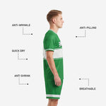 Custom green soccer jersey crew neck sublimated Kelly Green with team name and number print placement