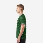Right side view of a custom green soccer jersey team design in Forest Green with contrast silver side panels and ribbed V-neck collar