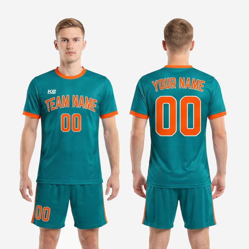 Custom green soccer kit teal and orange close-up detail of crew neck collar and cuff band