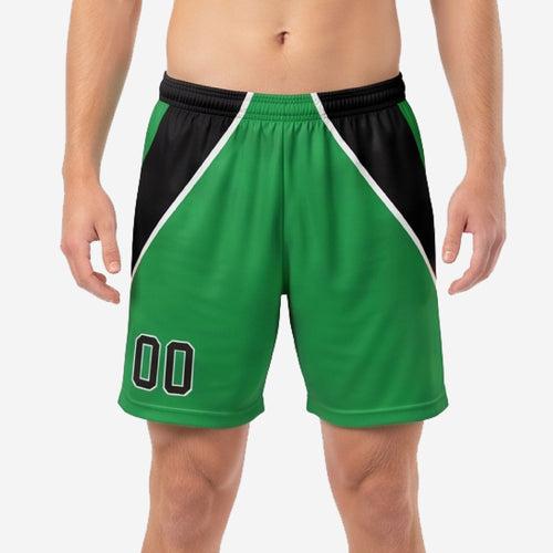 Custom green soccer shorts front view with black contrast hip panels white trim and sublimated player number 00 on left leg