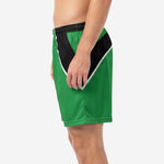 Custom green soccer shorts opposite side view displaying Kelly Green body with black panel and white border trim detail