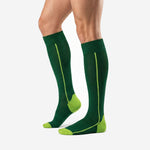 Custom green soccer socks Neon Yellow reinforced heel and toe panel detail on Forest Green over the calf match sock