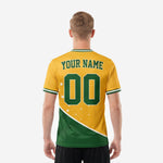 Custom green soccer team jersey back view showing back name and number print zones in Kelly Green on Athletic Gold panel