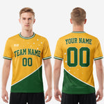 Custom green soccer team jersey sleeve cuff detail showing white and Kelly Green stripe contrast trim on short sleeve hem