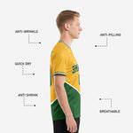 Green soccer team jersey crew neck detail with white and Kelly Green contrast stripe trim on Athletic Gold fabric