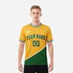 Custom green soccer team jersey in Athletic Gold and Kelly Green diagonal colorblock with white star print, front view on male model