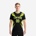 Custom green soccer team jersey in Jet Black and Lime Green geometric panel design, front view on male model