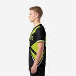Custom green soccer team jersey right side view displaying full-dye sublimation Lime Green and Jet Black colorway
