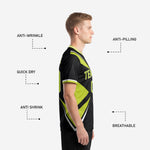 Crew neckline and sleeve cuff detail on custom green soccer team jersey with Lime Green and White contrast trim