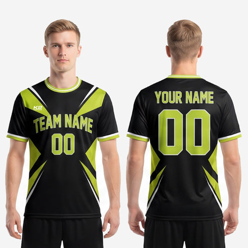 Back view of custom green soccer team jersey showing back name and number print zones in Lime Green sublimation