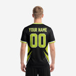 Close detail of Lime Green geometric panel construction on custom green soccer team jersey, club league kit