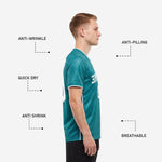 Back view of custom green soccer team jersey in Teal showing player surname and number print zones in white