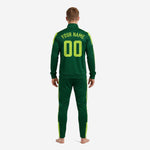 Back view of custom Forest Green soccer tracksuit showing twin Neon Green stripe panels on jacket and matching tapered pants