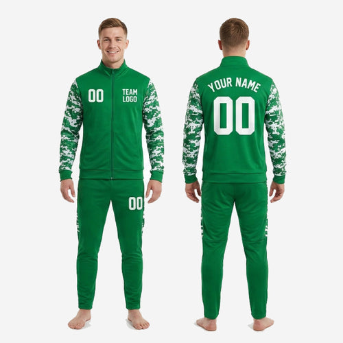 Full custom green and white digital camo soccer tracksuit set including jacket and pants, mens sizing