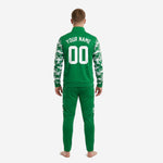 Kelly green full-zip stand-collar soccer jacket with white digital camo sublimation print on sleeves, close detail
