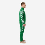 Custom green soccer tracksuit with digital camo side panels on jacket sleeves, left side view on adult male model