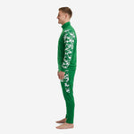Custom green soccer tracksuit with white digital camo sleeve and pant panel detail, right side view on adult male model