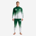 Custom green soccer tracksuit in Forest Green to White gradient with stand collar full-zip jacket and tapered pants, front view on male model