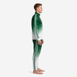 Green and white soccer tracksuit side view showing three-stripe sleeve detail and gradient fade from Forest Green to Pure White
